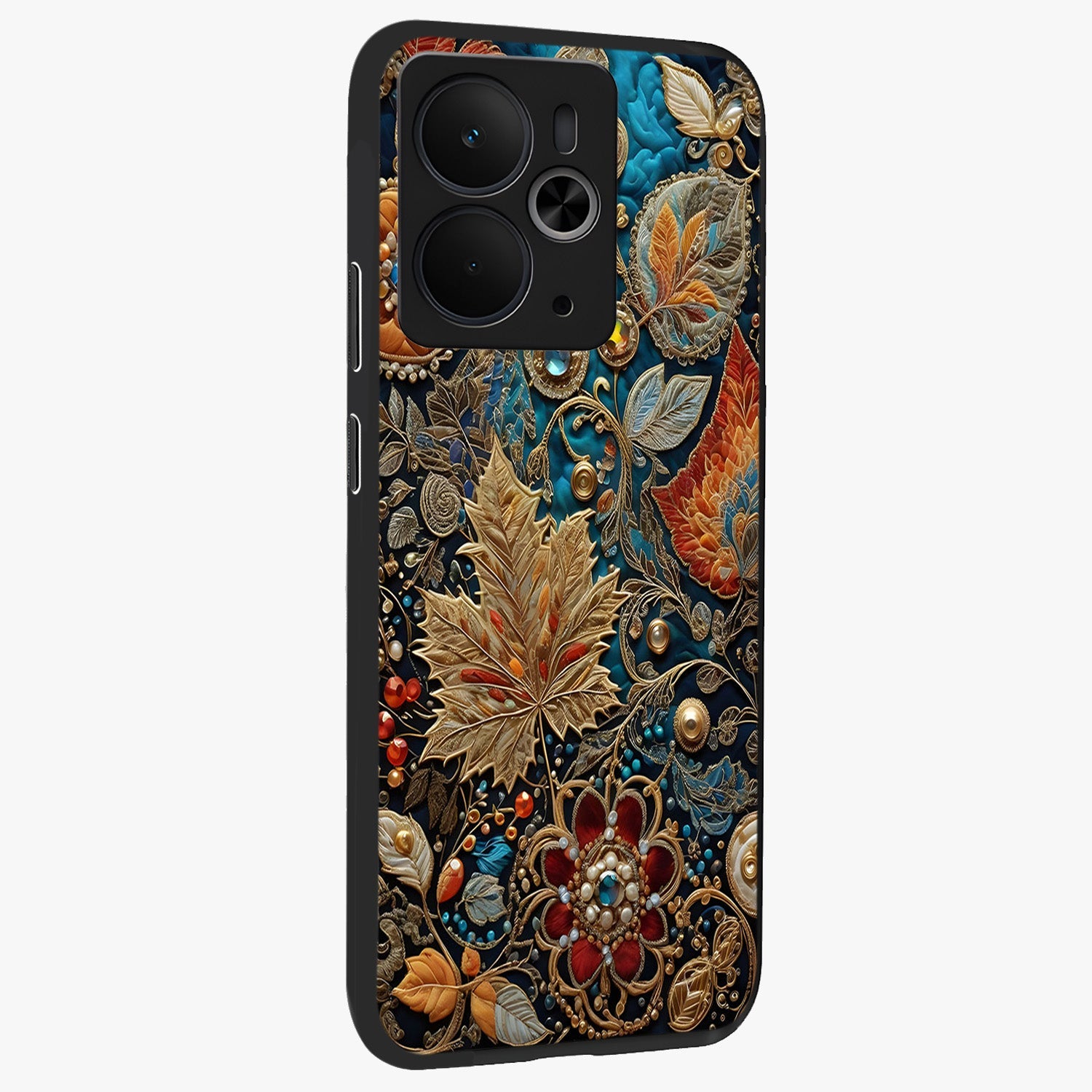 Royal Jewel Garden Glass Case upright view showcasing rich floral artwork with luxurious garden theme.