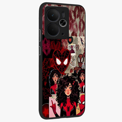 Spider Love Story Glass Case upright view showcasing charming superhero artwork with romantic comic theme.