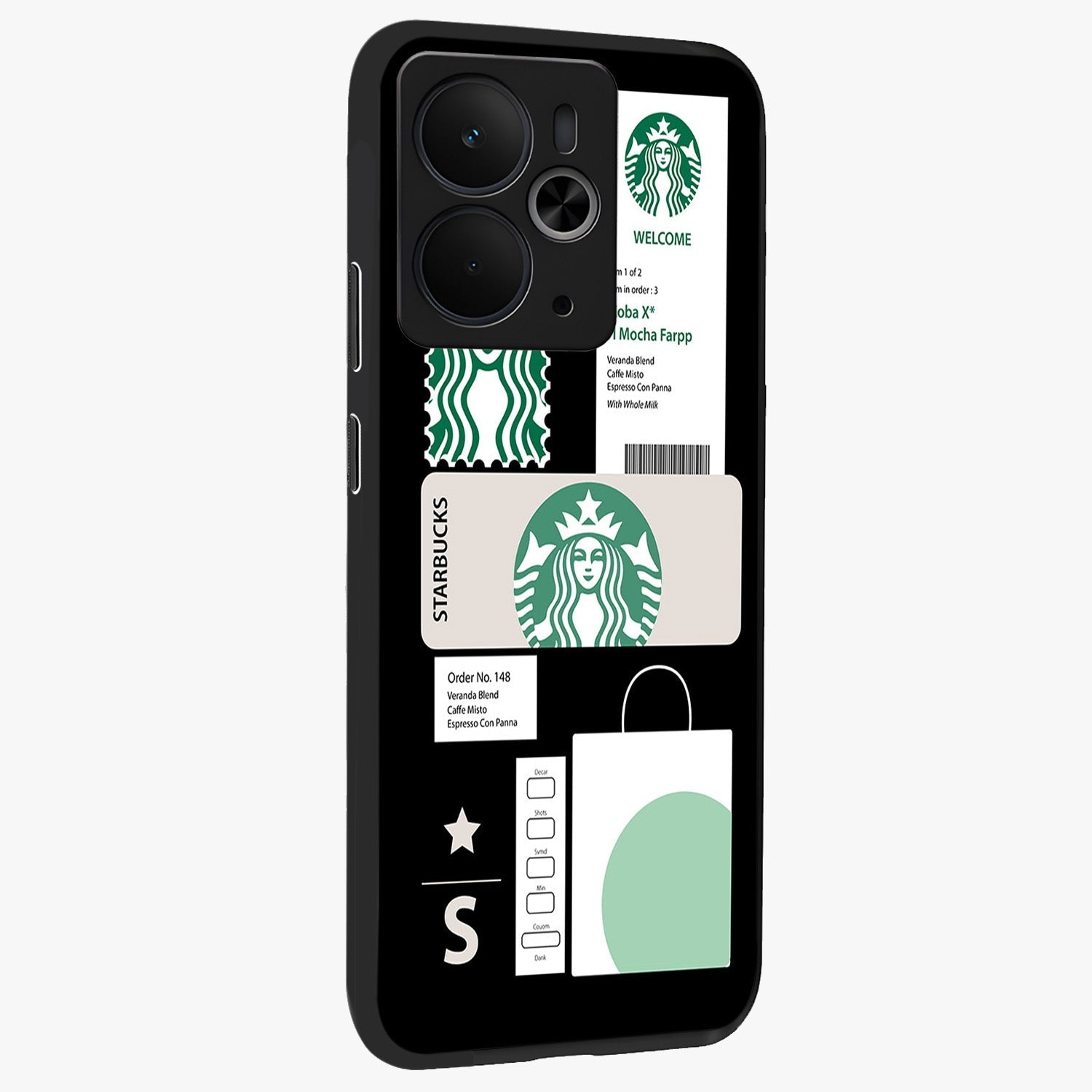 Starbucks Mocha Glass Case upright view showcasing trendy coffee inspired artwork with modern lifestyle theme.