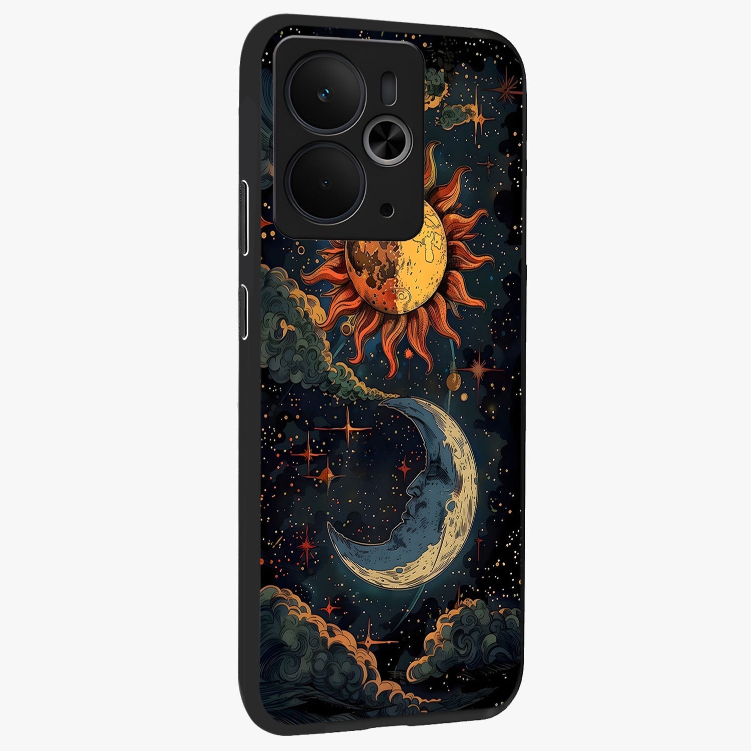 Sun And Moon Magic Design Glass Case upright view showcasing decorative sun and moon artwork with spiritual celestial theme.