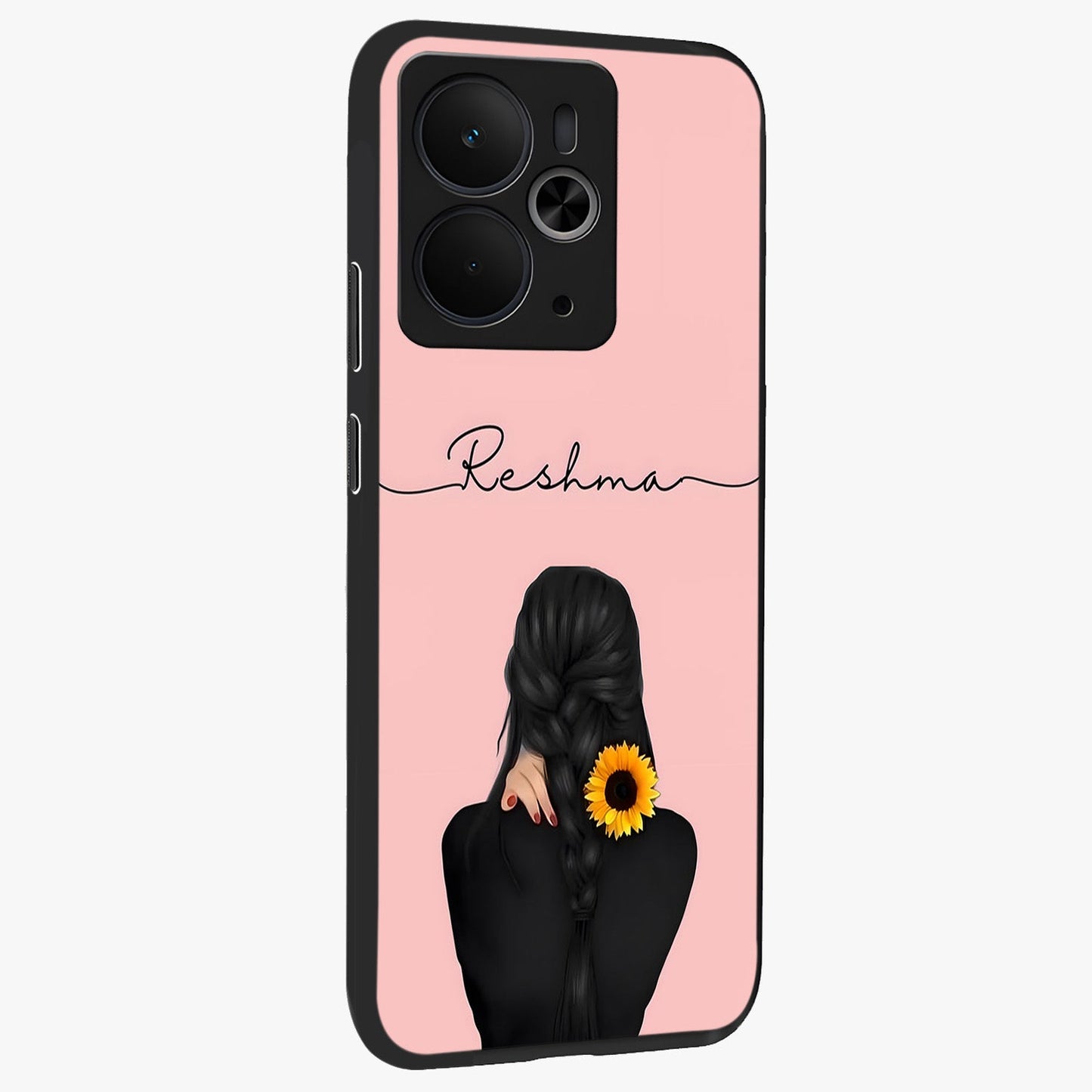 Sunflower Braid Beauty With Custom Name Glass Case upright view showcasing bright sunflower artwork with personalized floral aesthetic.