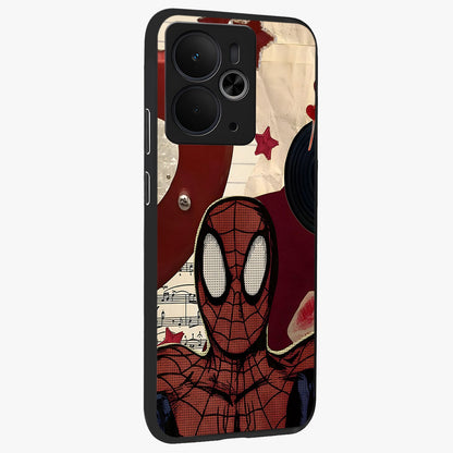 Web Warrior Vibes Glass Case upright view showcasing energetic superhero artwork with bold action theme.