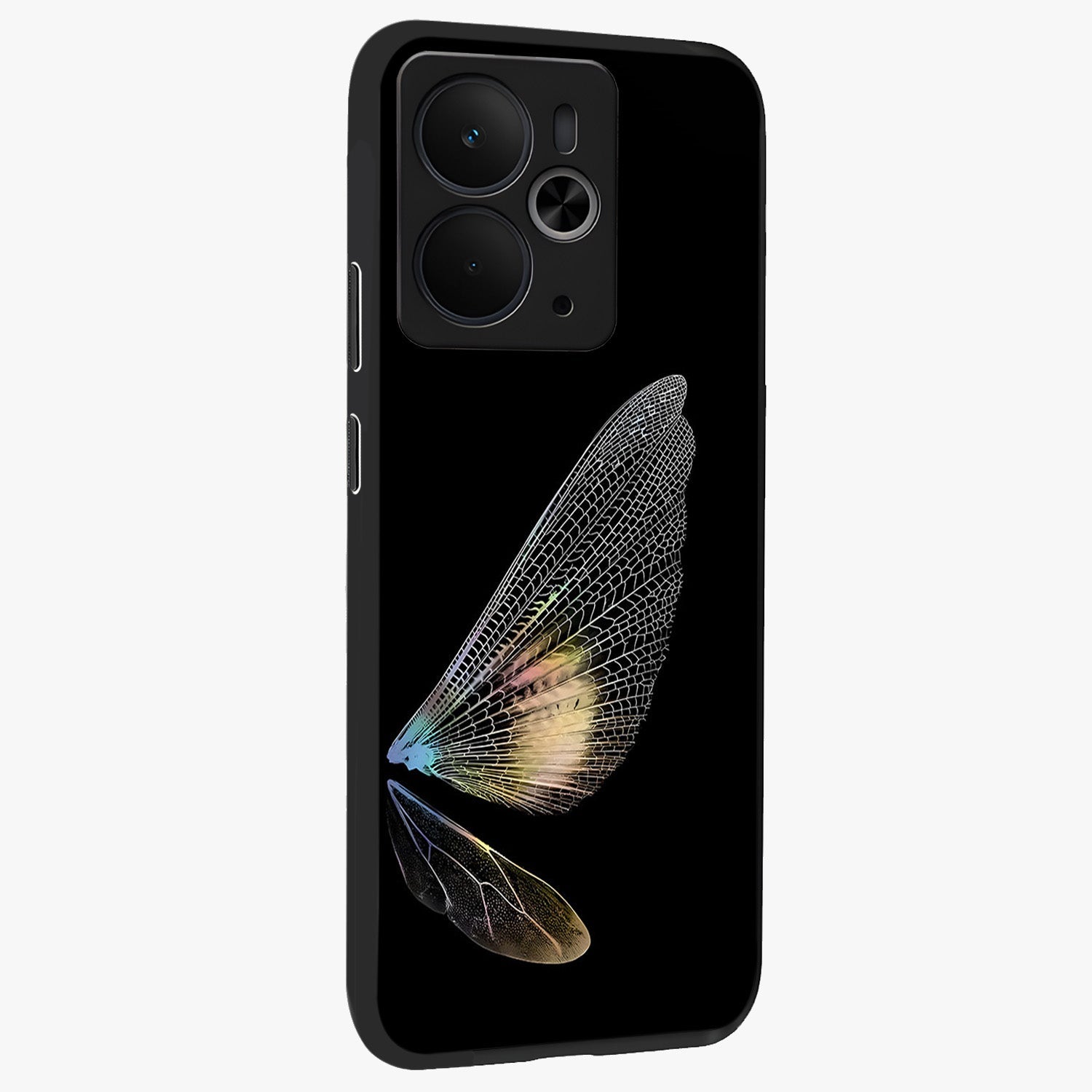 Whispers Of Wings Glass Case upright view showcasing elegant wing artwork with light airy theme.