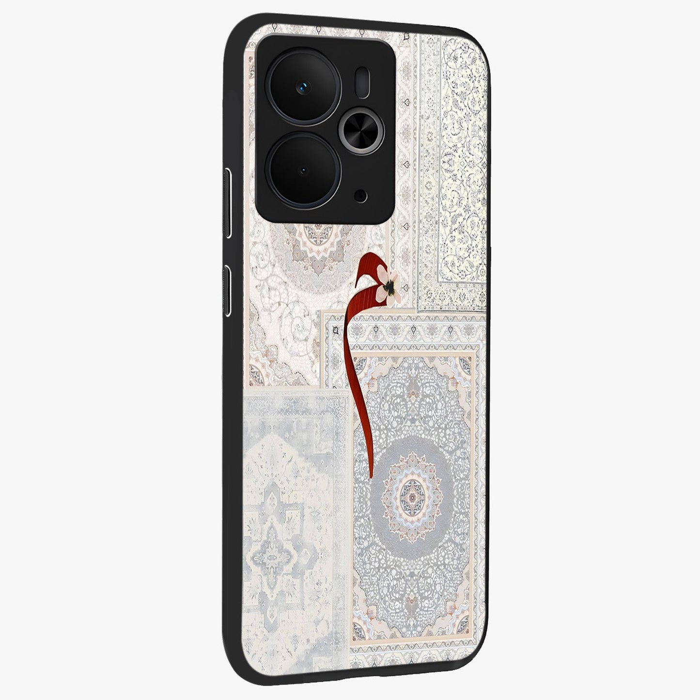 White Aesthetic Bow Glass Case upright view showcasing delicate ribbon bow artwork with cute minimalist theme.