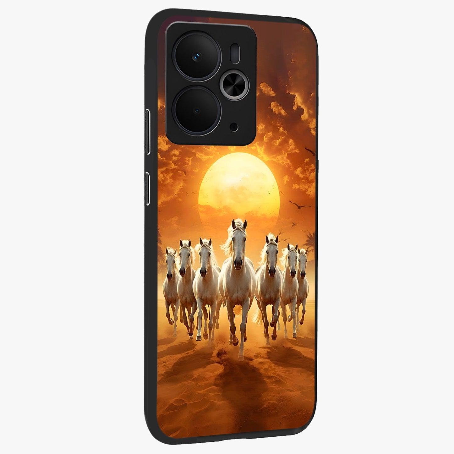 Wild Sunset Majesty Glass Case upright view showcasing dramatic sunset artwork with bold nature theme.