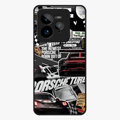 Porsche Racing Collage Glass Case showing flat back view with sports car racing collage artwork and glossy glass finish.
