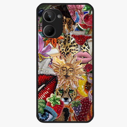 Beaded Fashion Jungle Glass Case showing flat back view with vibrant jungle inspired bead artwork and glossy glass finish.