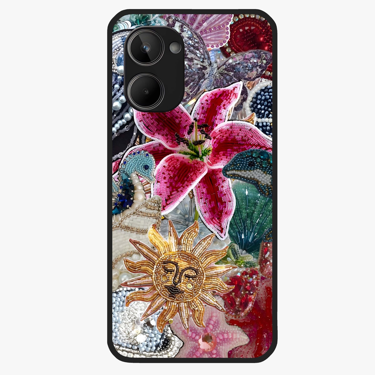 Beaded Garden Fantasy Glass Case showing flat back view with dreamy garden bead artwork and glossy glass finish.