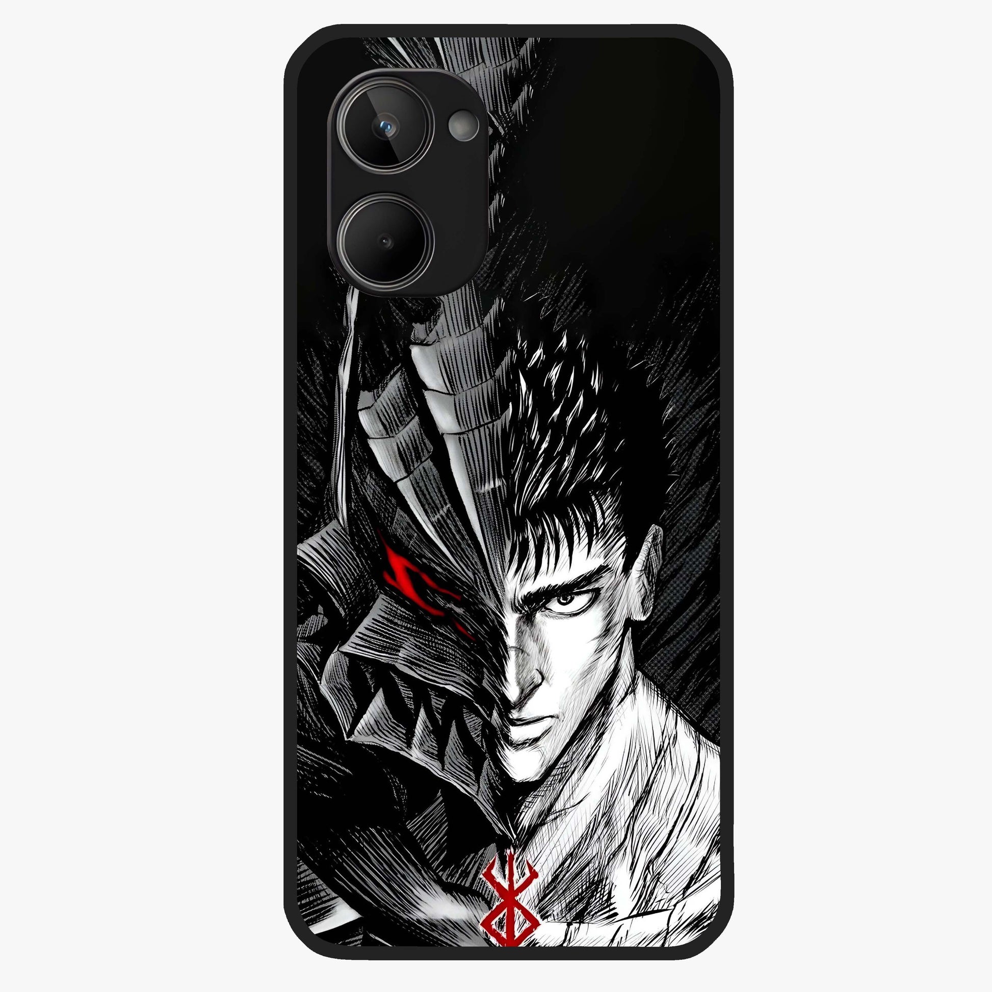 Berserker Blood Oath Glass Case showing flat back view with fierce warrior inspired artwork and glossy glass finish.