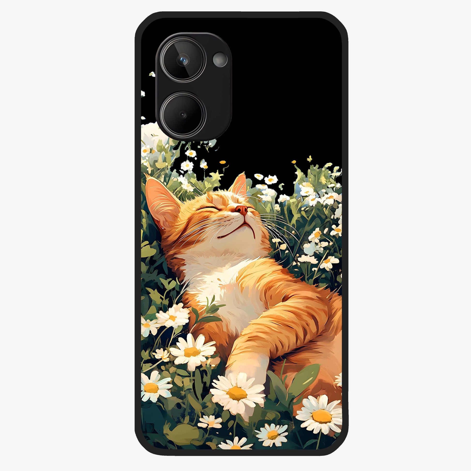 Blissful Bloom Cat Glass Case showing flat back view with cute cat and floral bloom artwork and glossy glass finish.