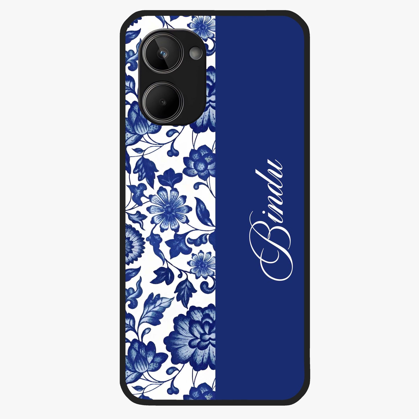 Blue Vintage Floral Pattern Glass Case upright view showcasing timeless floral illustration with vintage inspired style.