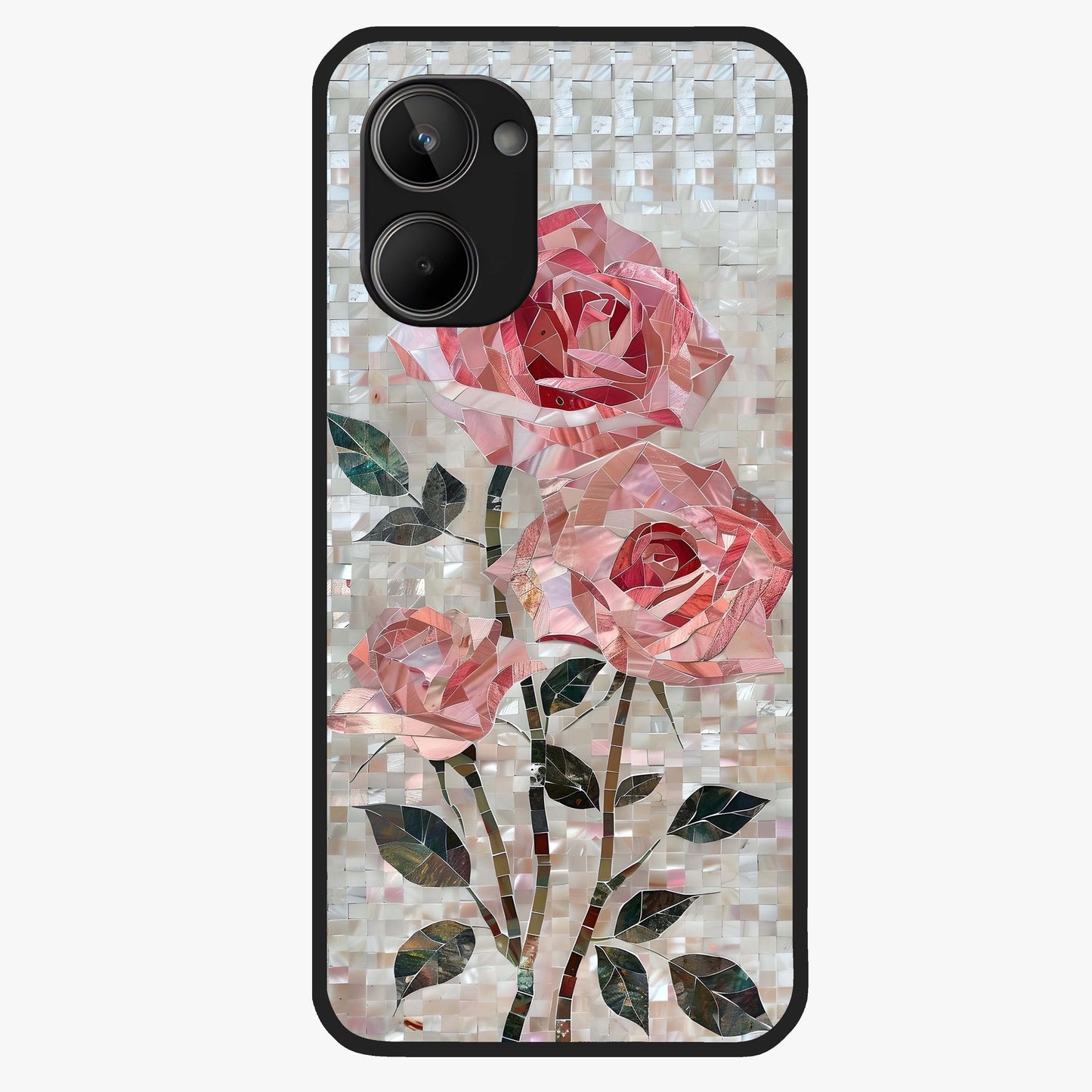 Blush Mosaic Bloom Glass Case showing flat back view with mosaic floral bloom artwork and glossy glass finish.
