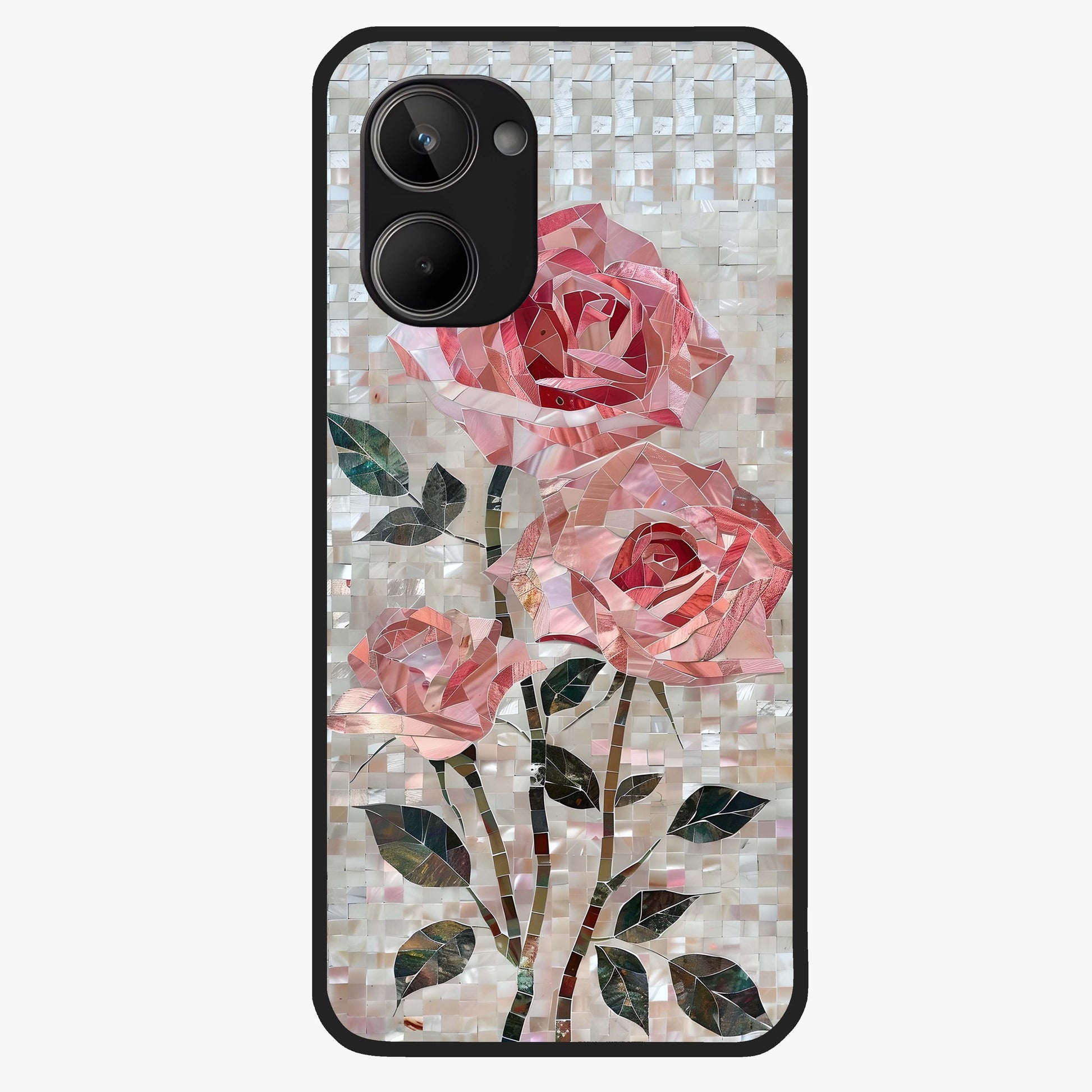 Blush Mosaic Bloom Glass Case showing flat back view with mosaic floral bloom artwork and glossy glass finish.