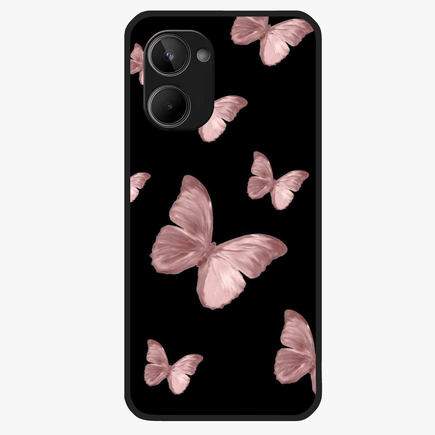 Butterfly Pattern Glass Case showing flat back view with elegant butterfly pattern artwork and glossy glass finish.