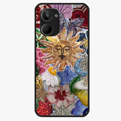 Celestial Floral and Playful Glass Case showing flat back view with floral and celestial themed artwork and glossy glass finish.