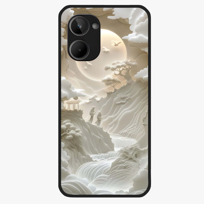 Celestial Origami Glass Case showing flat back view with artistic origami inspired celestial artwork and glossy glass finish.