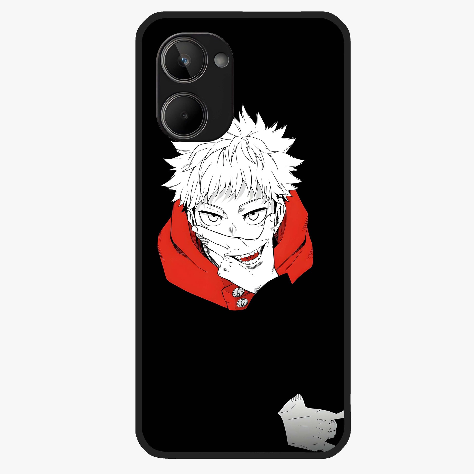 Crimson Chaos Smile Glass Case showing flat back view with bold chaotic smile artwork and glossy glass finish.