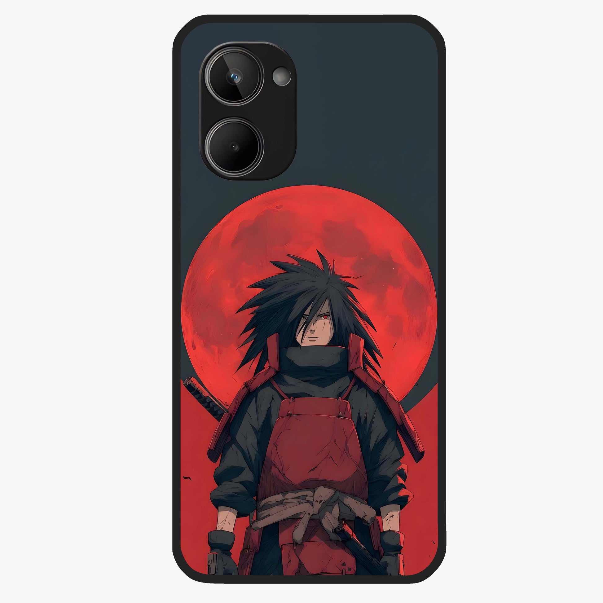 Crimson Moon Warlord Glass Case showing flat back view with mystical moon warrior artwork and glossy glass finish.