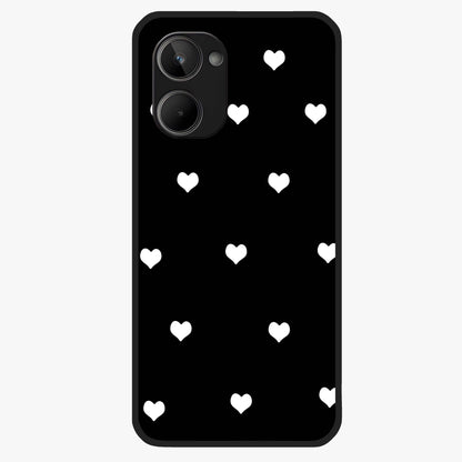 Cute And Simple White Hearts Glass Case showing flat back view with minimal white heart pattern and glossy glass finish.