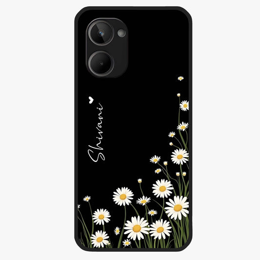 Daisy Cascade Custom Name Glass Case showing flat back view with cascading daisy flowers and personalized name design.
