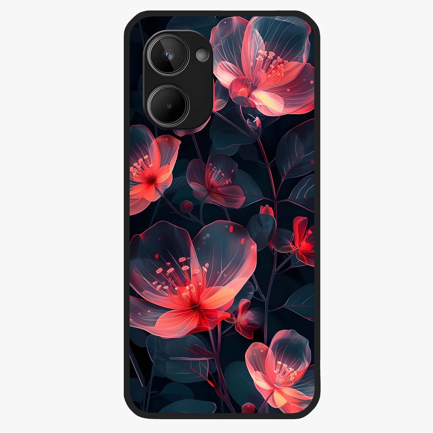 Dark Shade of Flower Glass Case showing flat back view with elegant dark floral artwork and glossy glass finish.