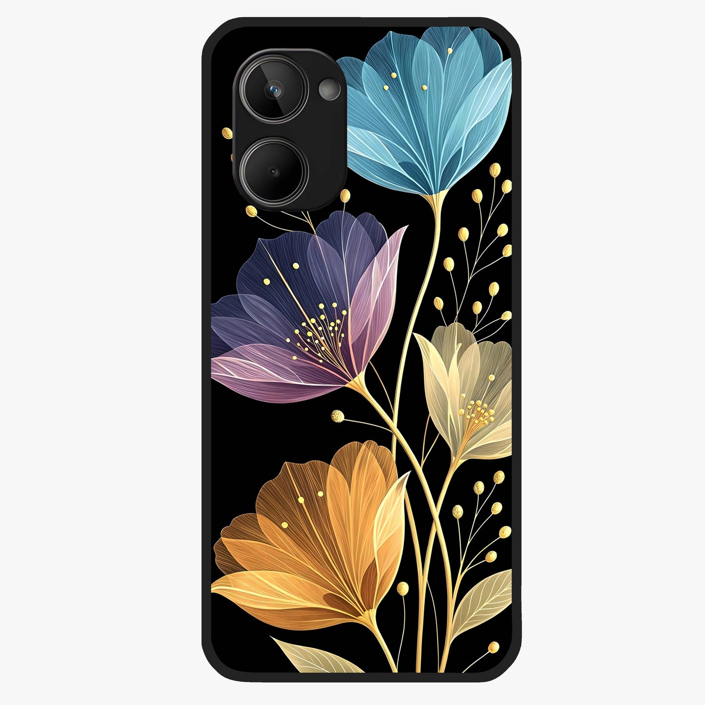 Delicate Multicolor Flowers Glass Case showing flat back view with vibrant floral artwork and glossy glass finish.