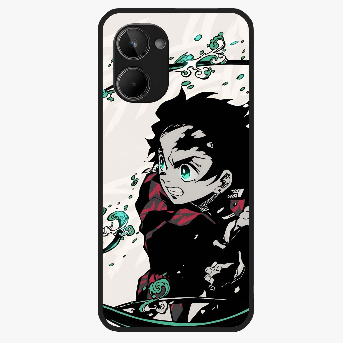 Demon Slayer Glass Case showing flat back view with bold anime inspired artwork and glossy glass finish.