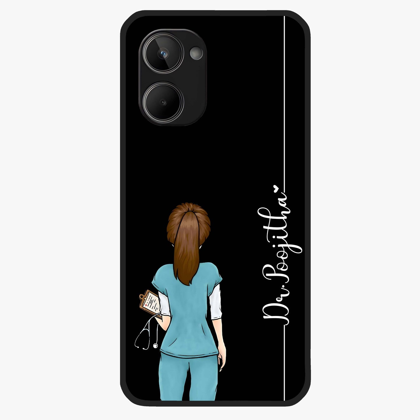 Doctor Pattern Custom Name Glass Case showing flat back view with medical themed pattern and personalized name design.