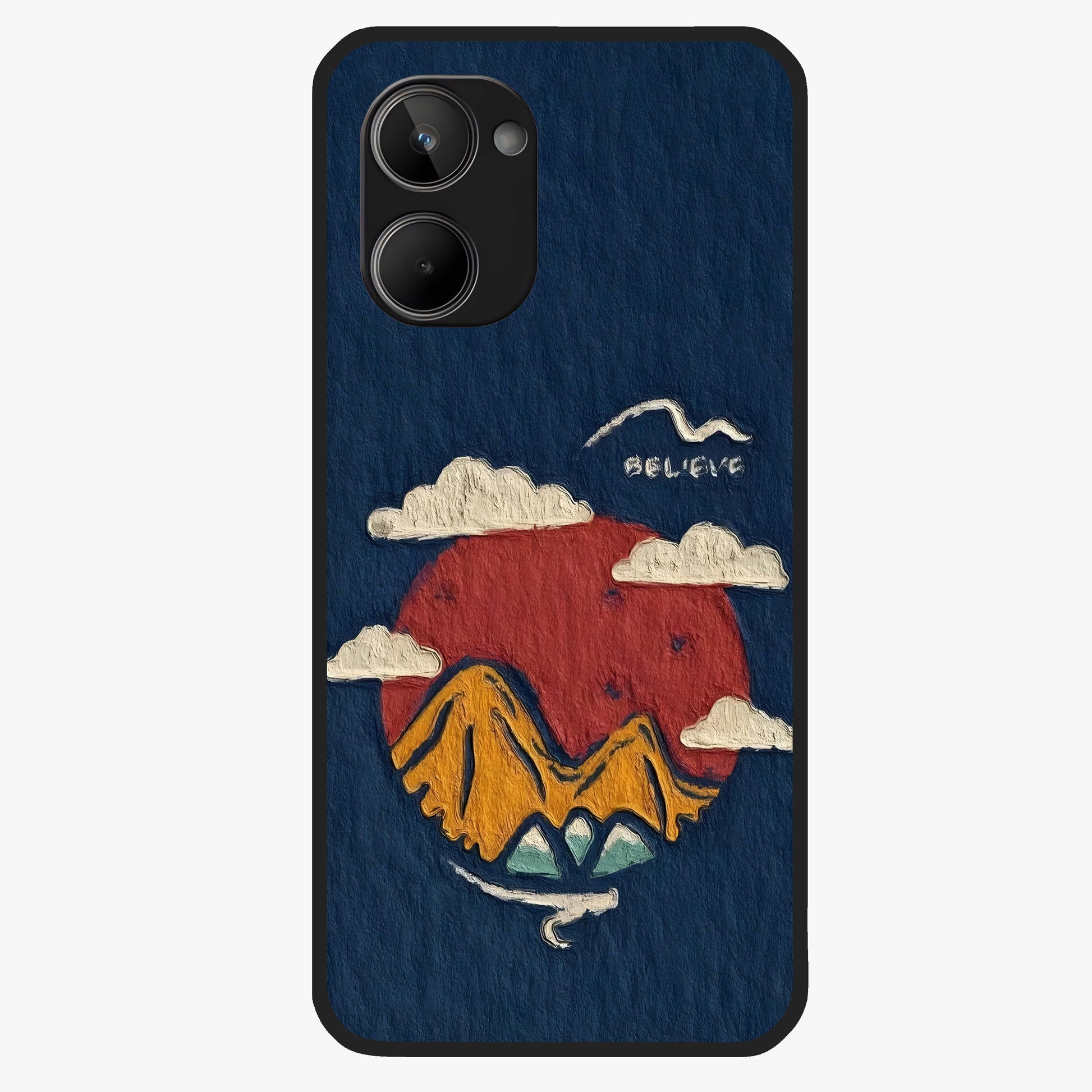 Dream Beyond Mountains Glass Case showing flat back view with scenic mountain landscape artwork and glossy glass finish.