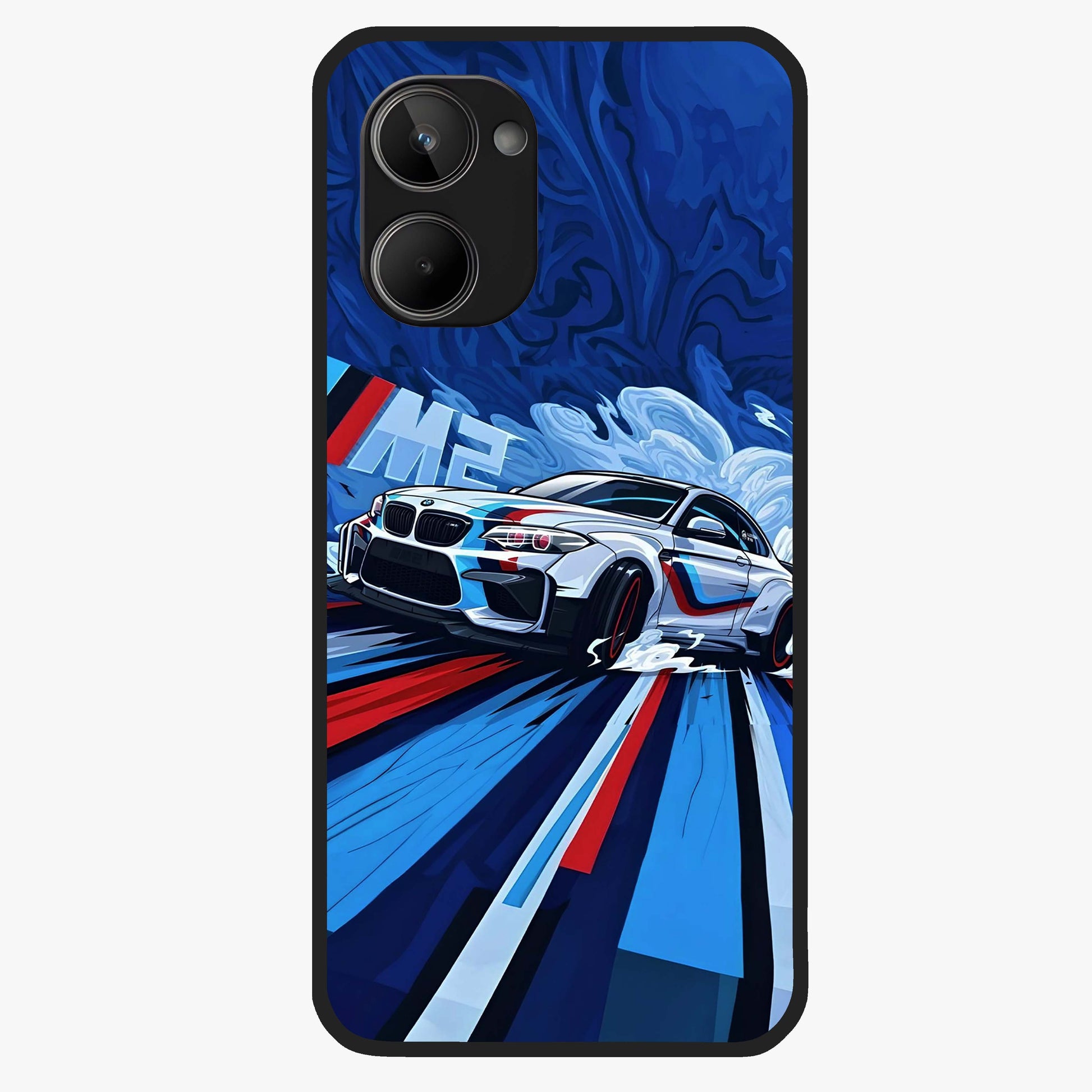 Drift Power Rush Glass Case showing flat back view with dynamic racing inspired artwork and glossy glass finish.