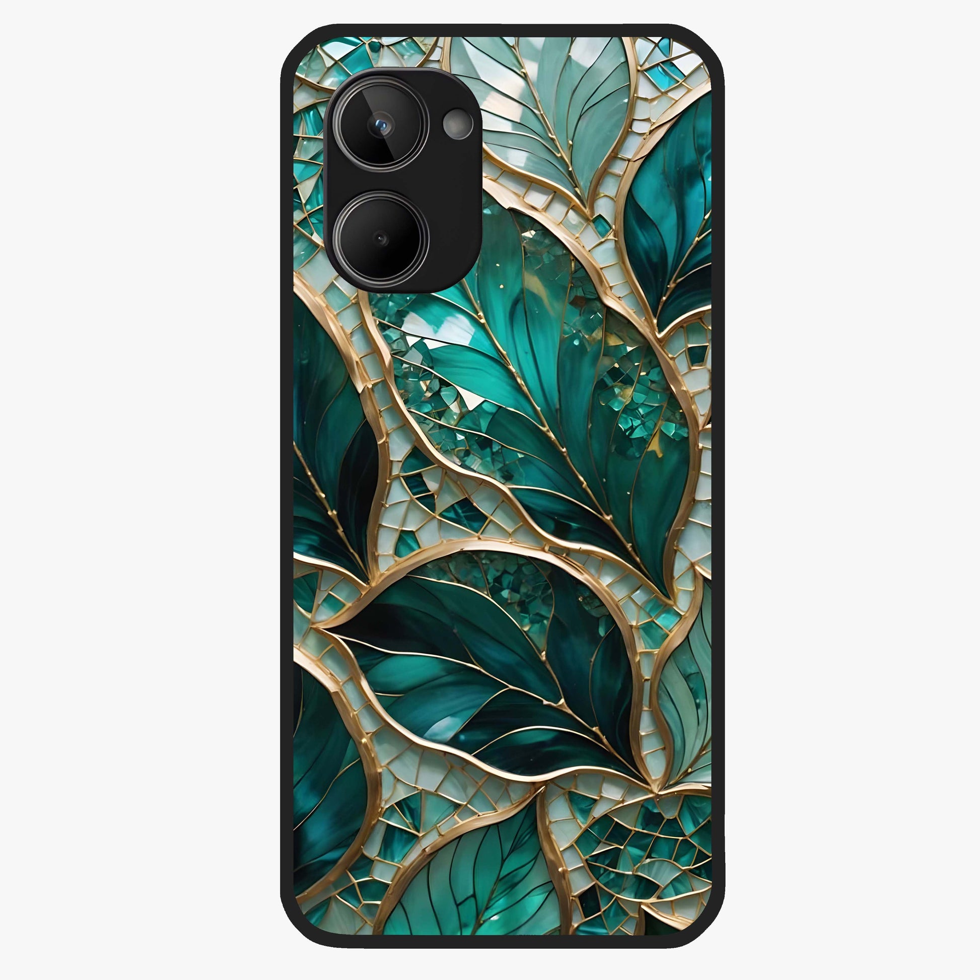 Emerald Leaf Glass Glass Case showing flat back view with emerald green leaf artwork and glossy glass finish.