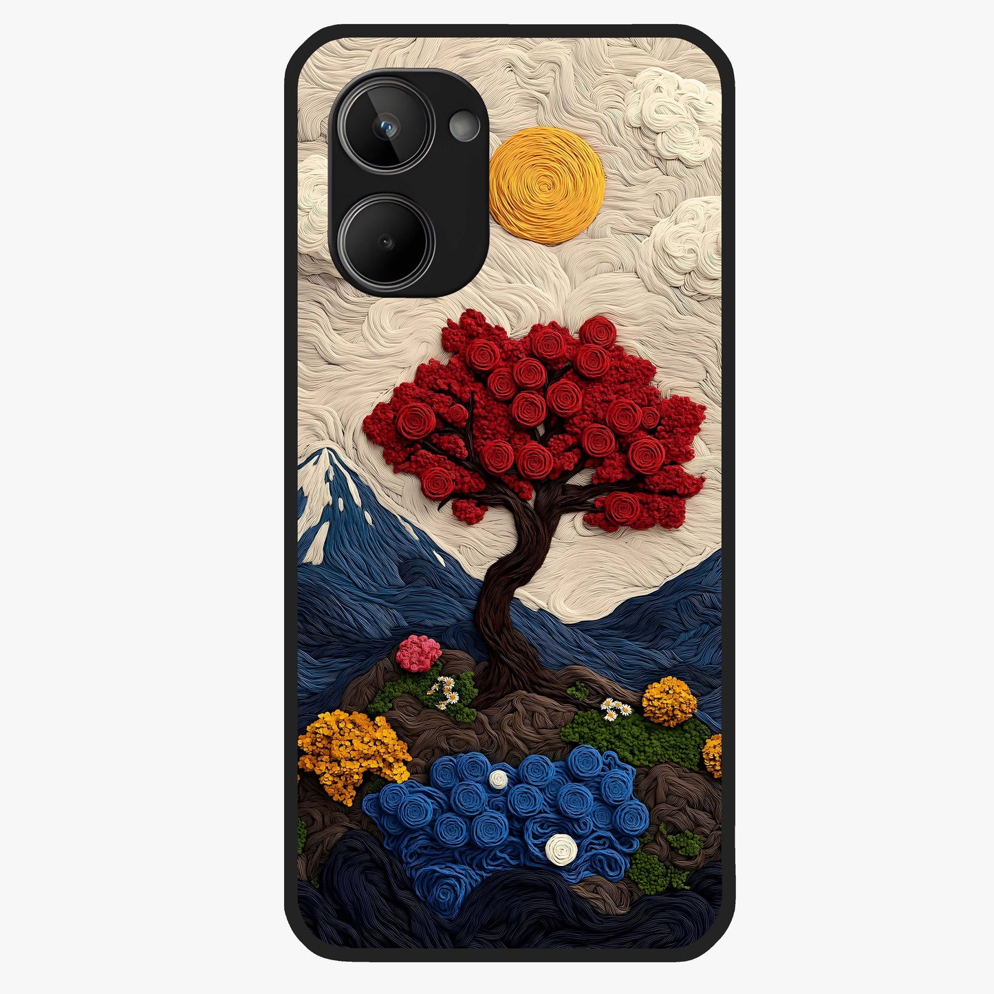 Eternal Nature Tapestry Glass Case showing flat back view with intricate nature tapestry artwork and glossy glass finish.