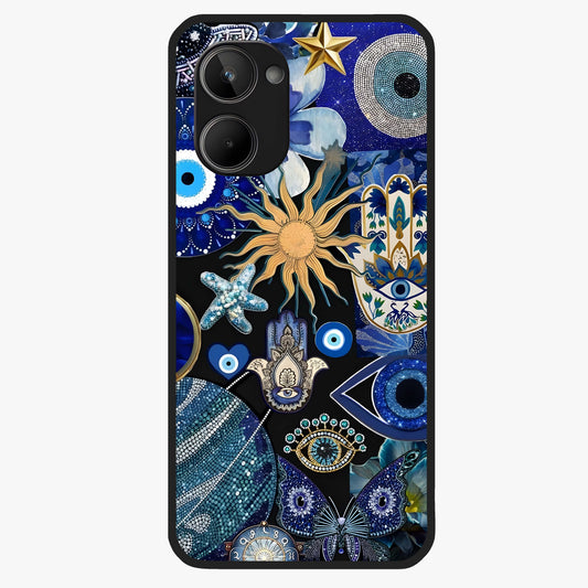 Evil Eye Charm Mix Glass Case showing flat back view with multiple evil eye charms artwork and glossy glass finish.