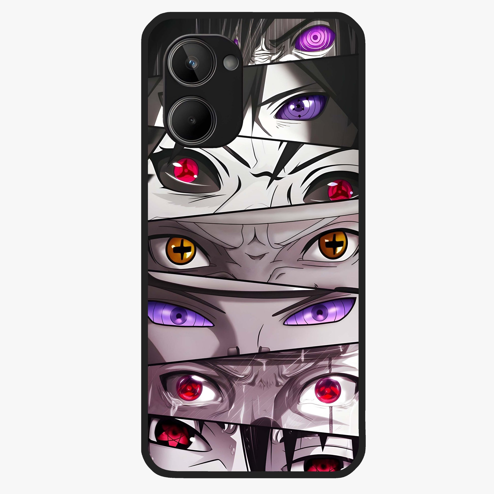 Eyes of Destiny Glass Case showing flat back view with striking eye themed artwork and glossy glass finish.