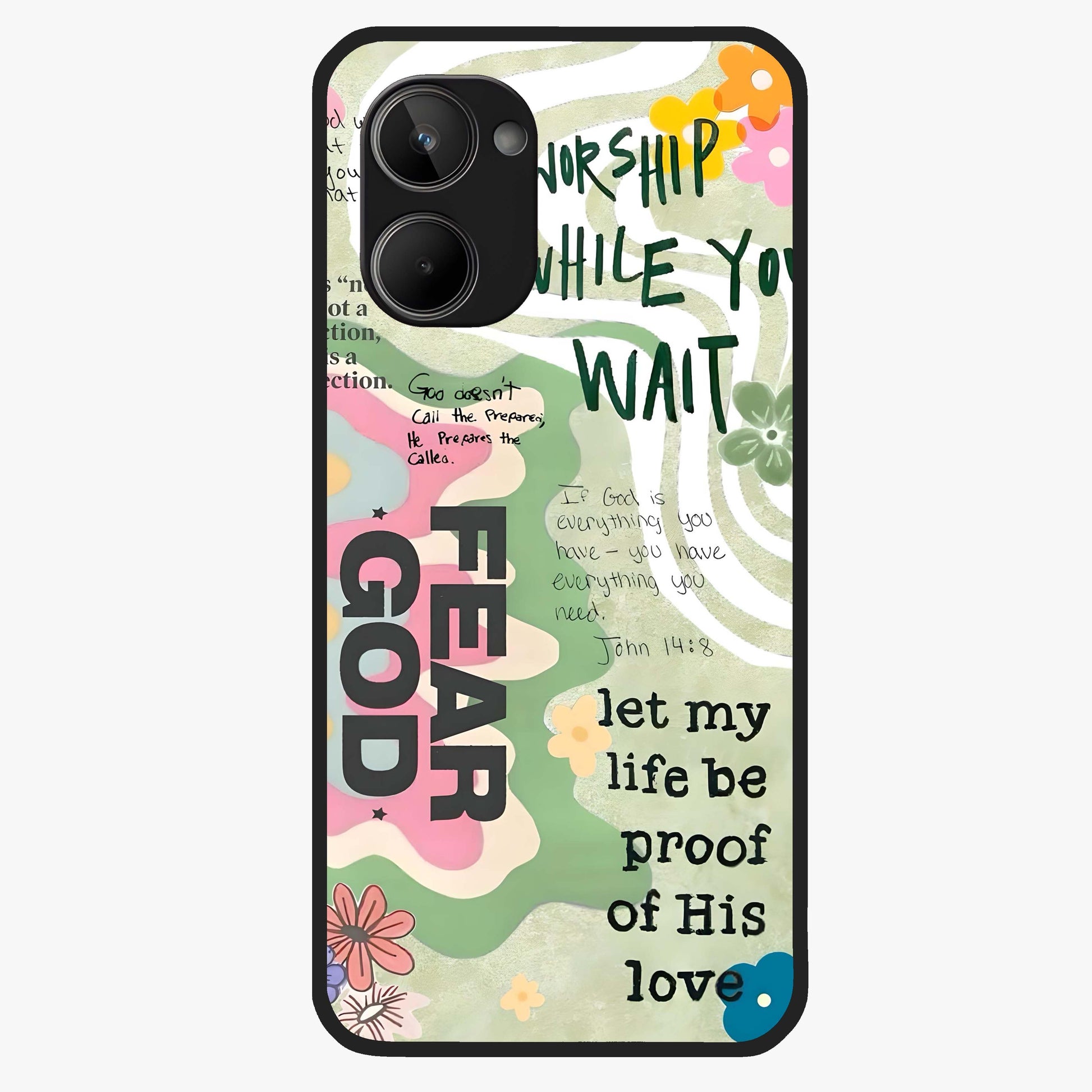 Faith Over Fear Glass Case showing flat back view with motivational typography artwork and glossy glass finish.