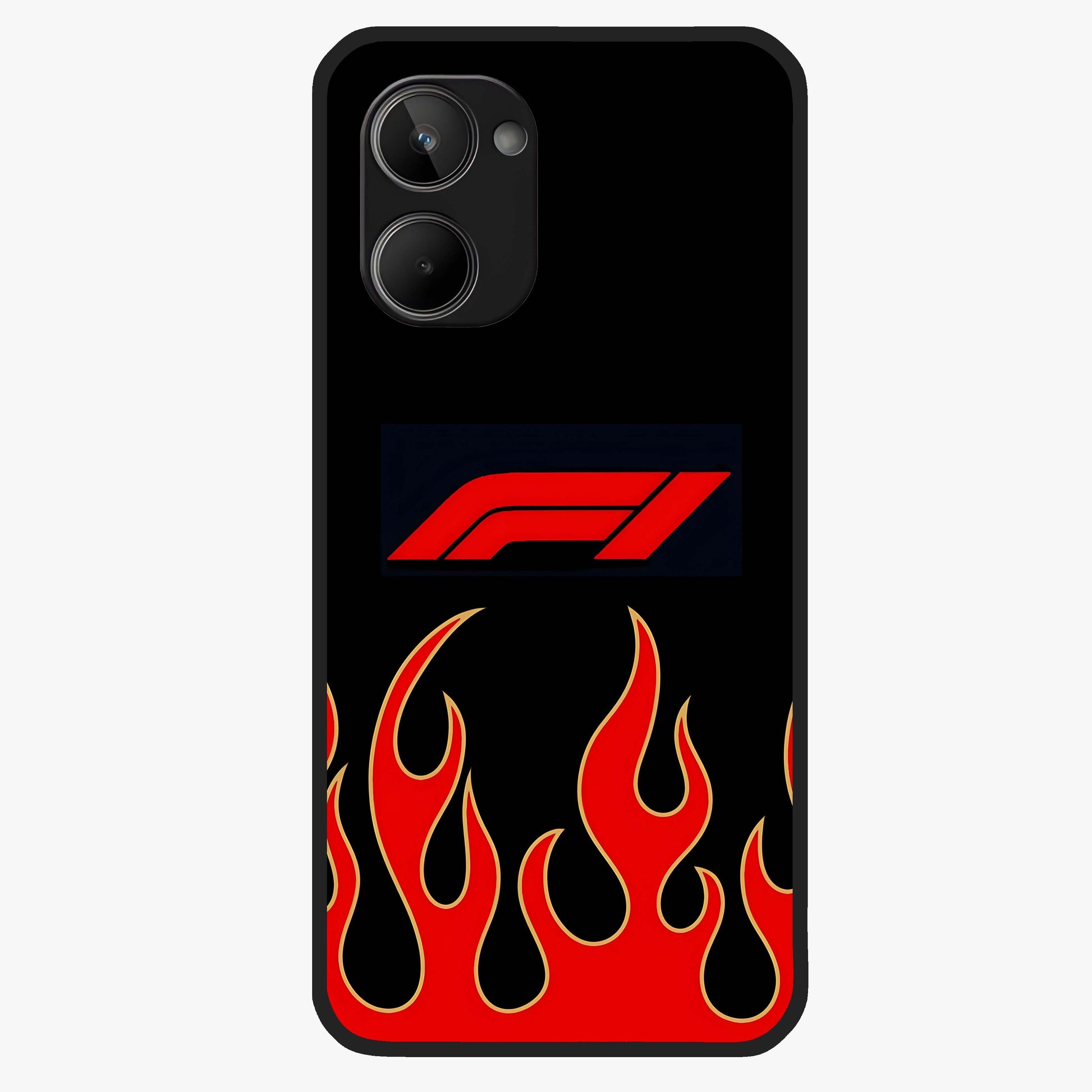 Fire F11 Glass Case showing flat back view with fiery themed artwork and glossy glass finish.