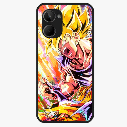 Firing Goku Glass Case showing flat back view with powerful anime inspired artwork and glossy glass finish.