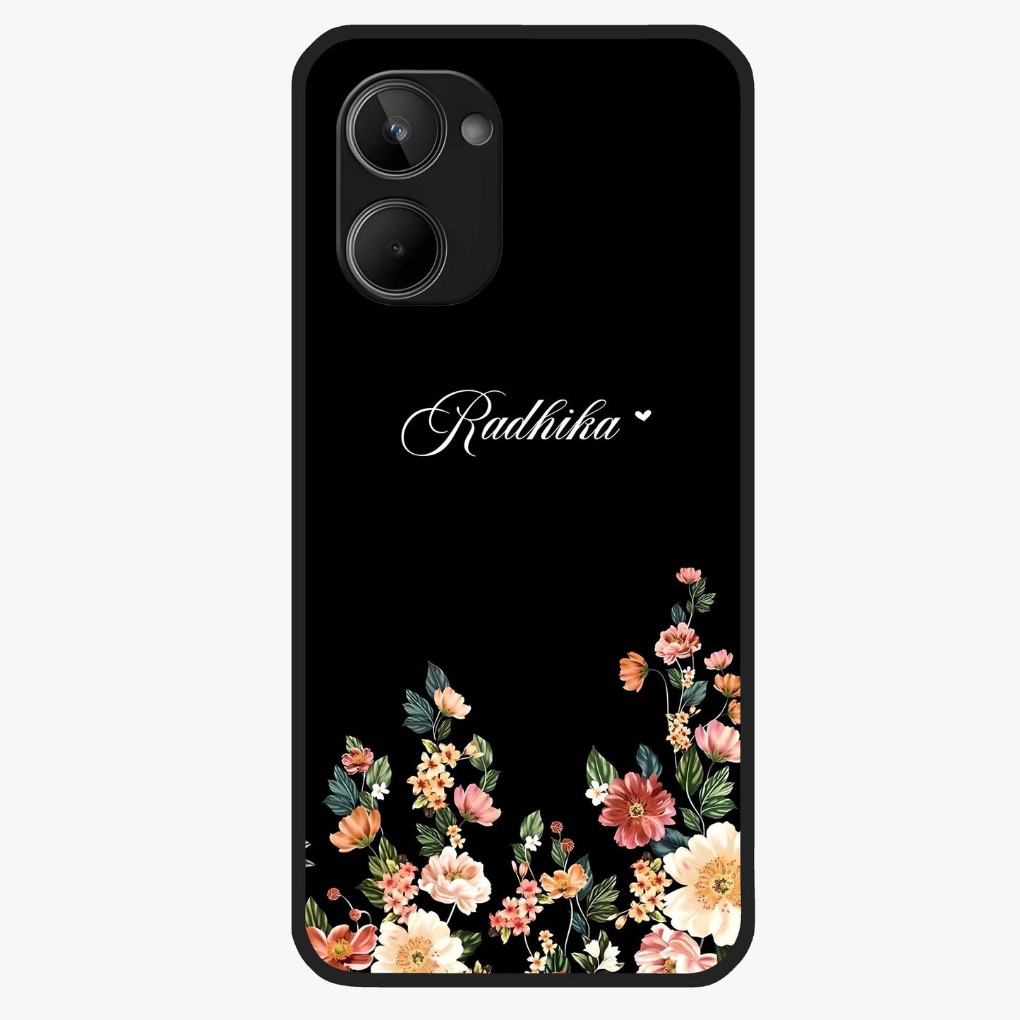 Floral Design With a Custom Personalized Name Glass Case showing flat back view with floral artwork and personalized name design.