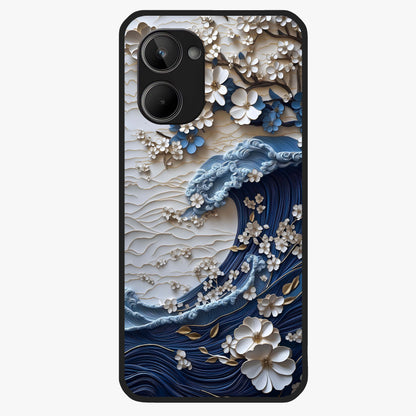 Floral Wave Origami Glass Case showing flat back view with origami inspired floral wave artwork and glossy glass finish.