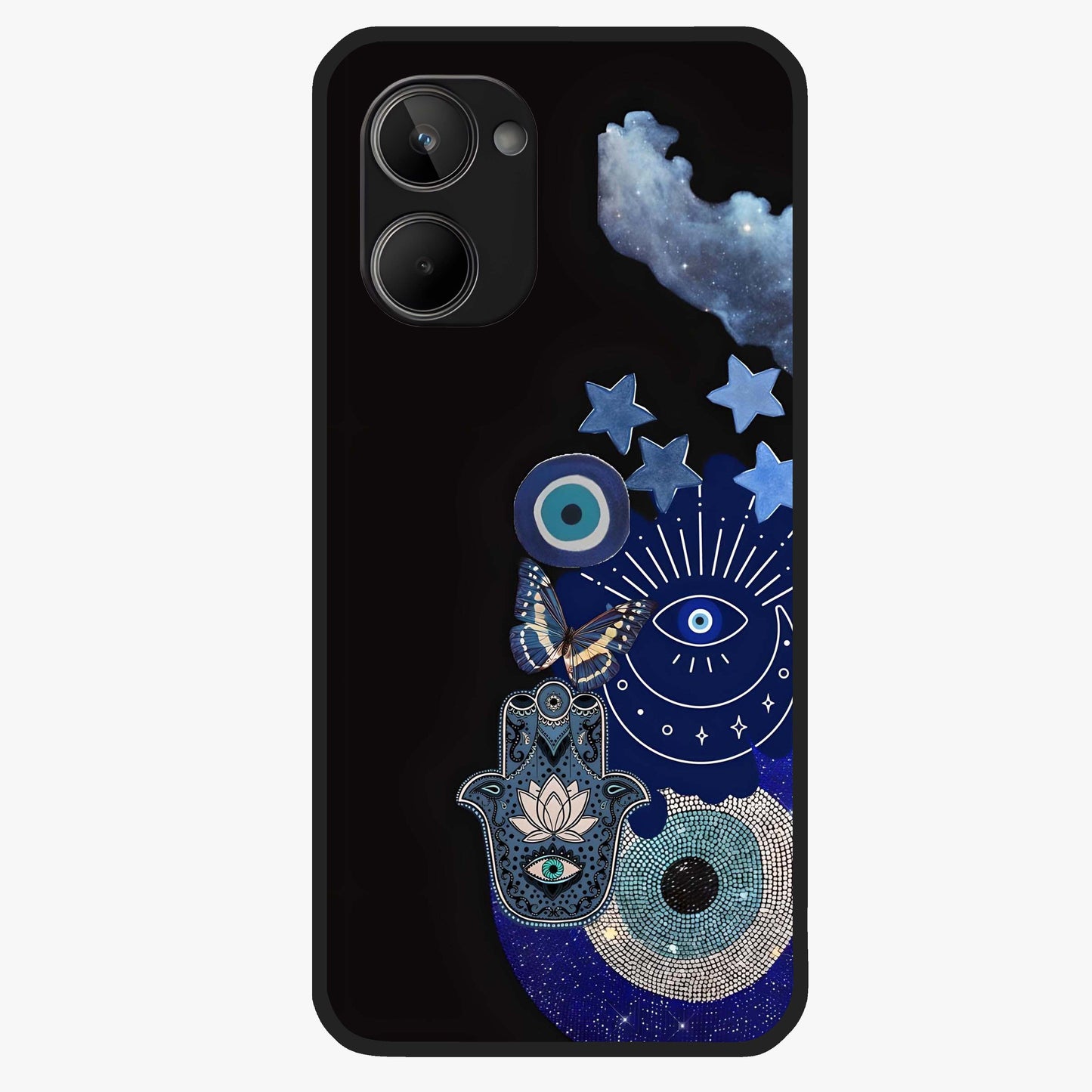 Galactic Charm Cluster Glass Case showing flat back view with glowing celestial charm artwork and glossy glass finish.
