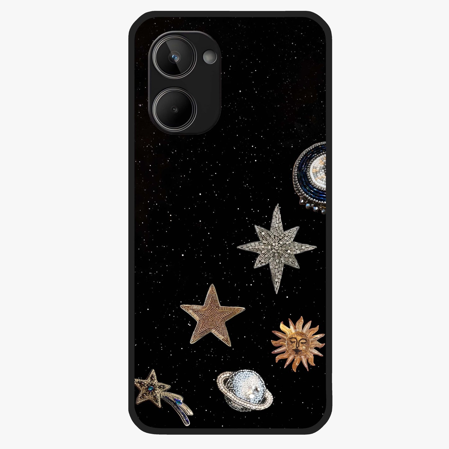 Galactic Charm Glow Glass Case showing flat back view with glowing celestial charm artwork and glossy glass finish.