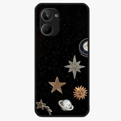 Galactic Charm Glow Glass Case showing flat back view with glowing celestial charm artwork and glossy glass finish.