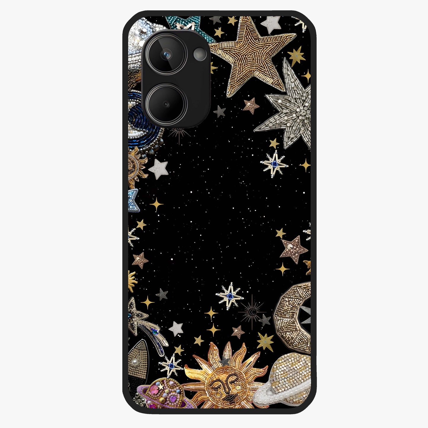 Galactic Jewel Stars Glass Case showing flat back view with sparkling star jewel artwork and glossy glass finish.
