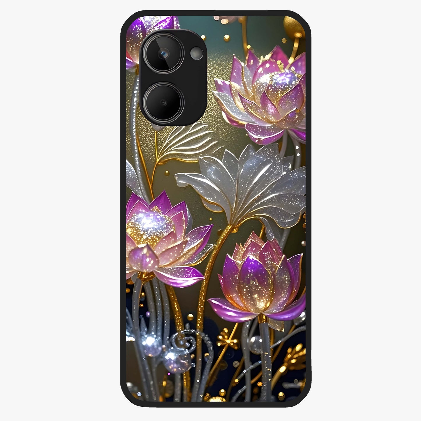 Golden Lotus Glow Glass Case showing flat back view with glowing lotus flower artwork and glossy glass finish.