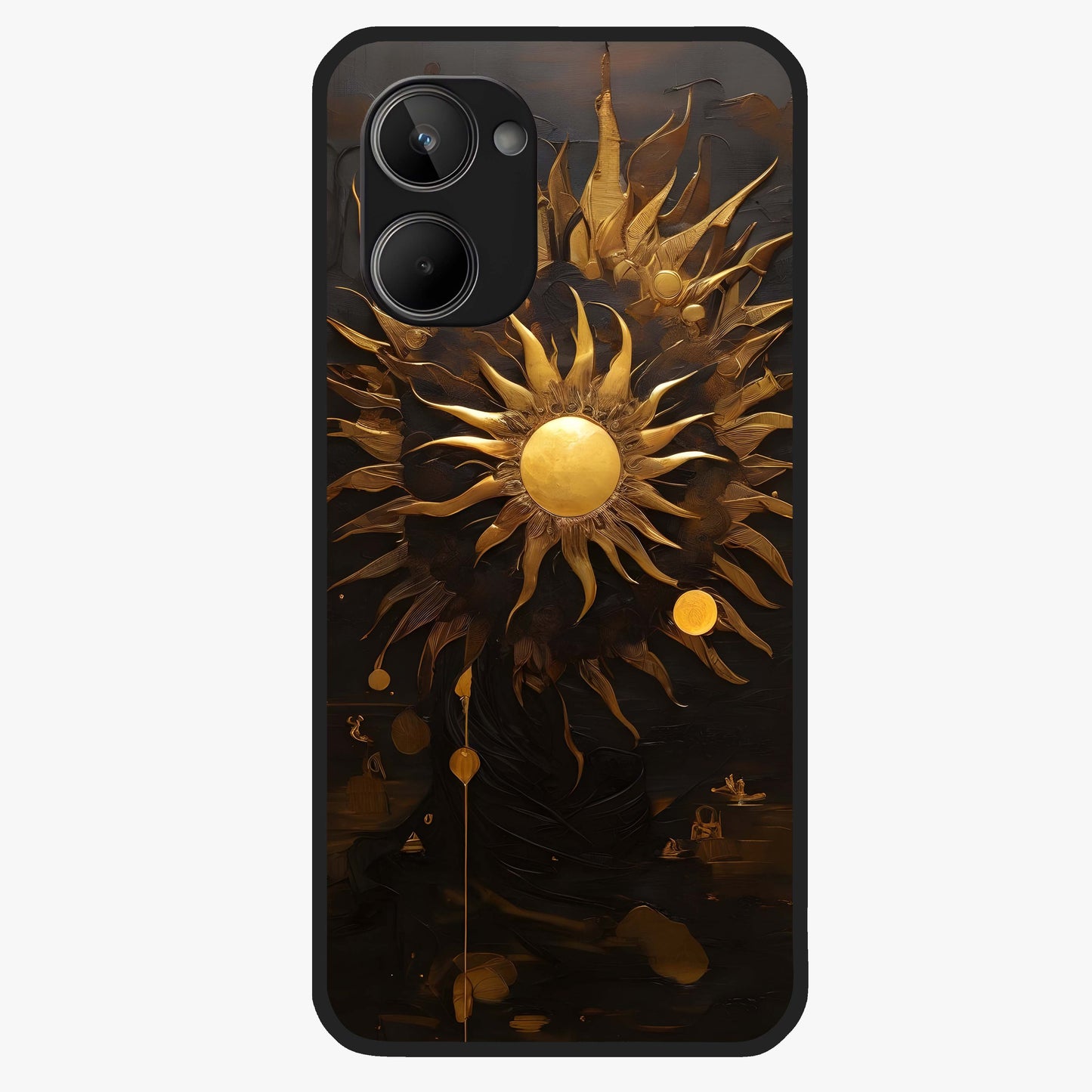 Golden Sun Majesty Glass Case showing flat back view with radiant golden sun artwork and glossy glass finish.