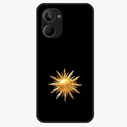 Golden Sun Minimalism Glass Case showing flat back view with minimal golden sun artwork and glossy glass finish.