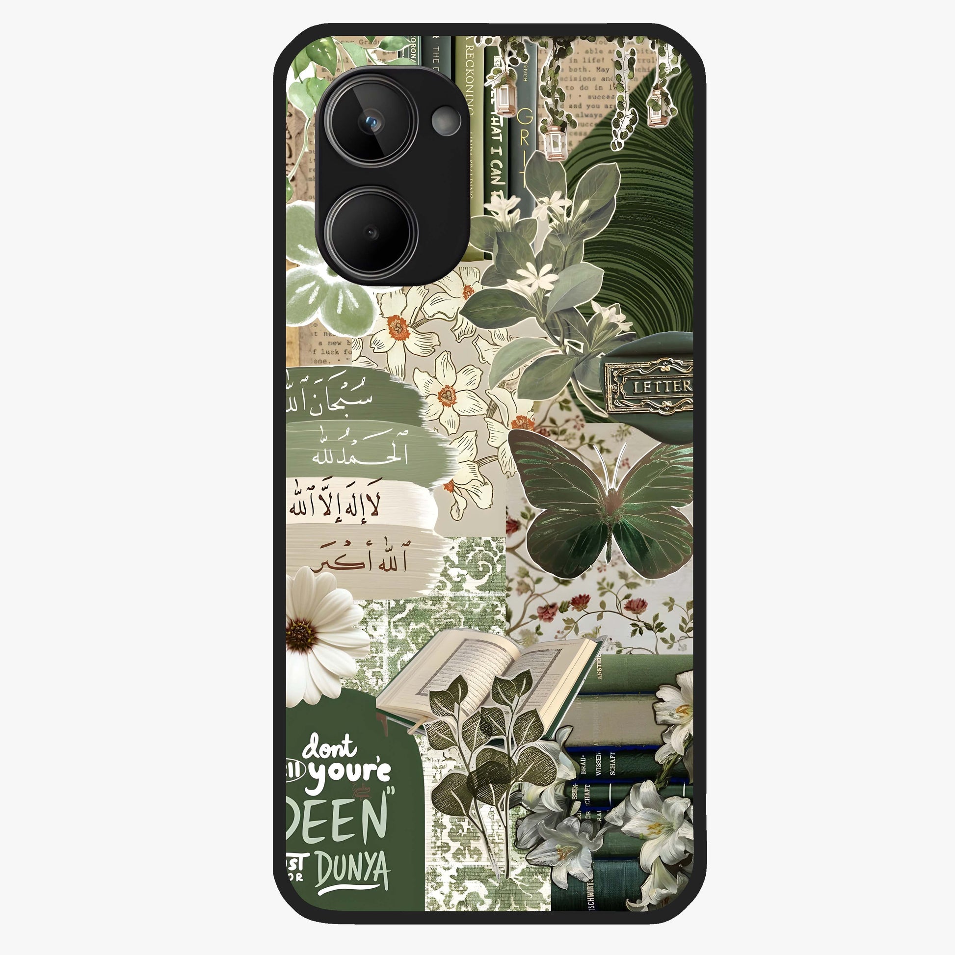 Green Islamic Books Quotes Glass Case showing flat back view with Islamic quotes and book themed artwork and glossy glass finish.