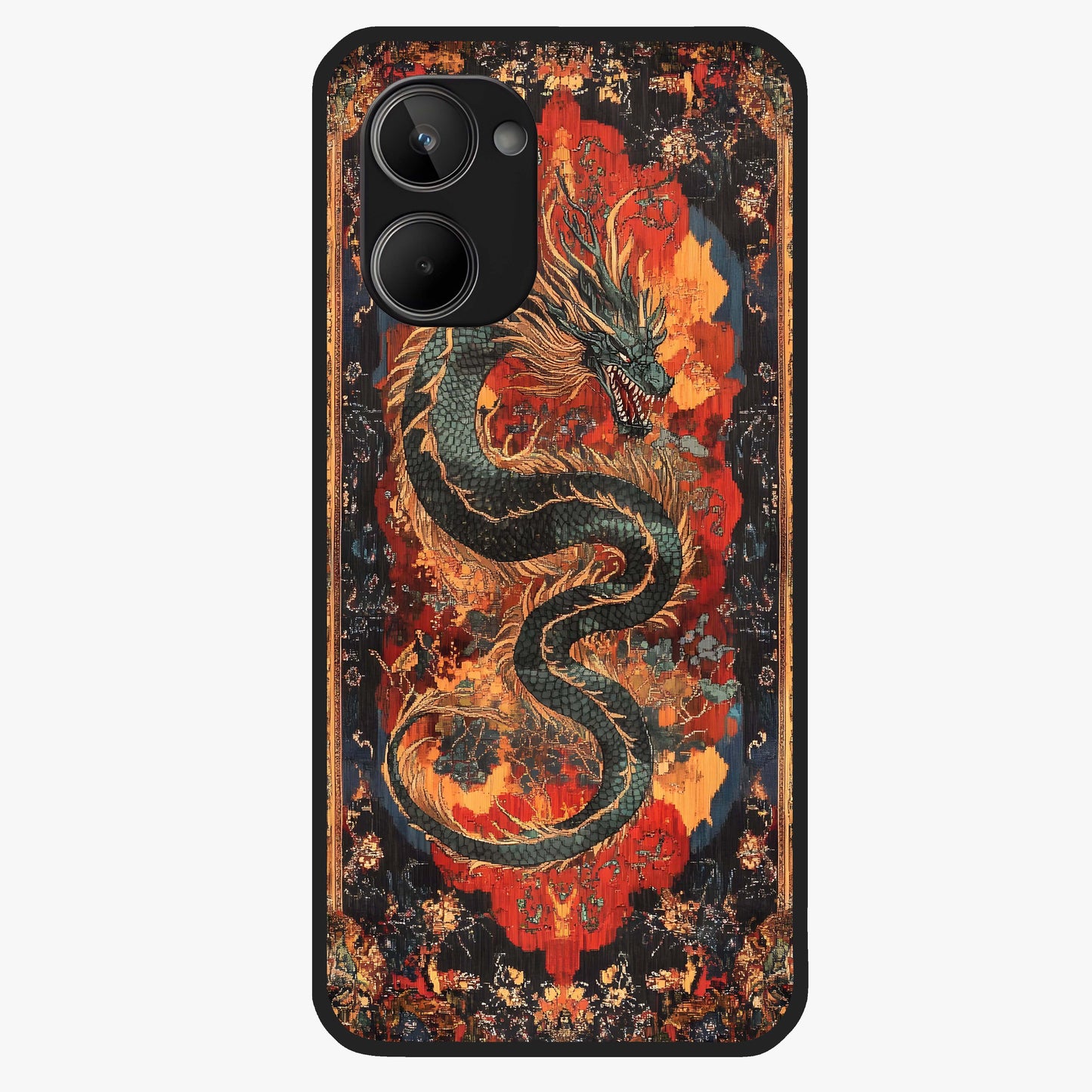 Inferno Dragon Soul Glass Case showing flat back view with fiery dragon artwork and glossy glass finish.
