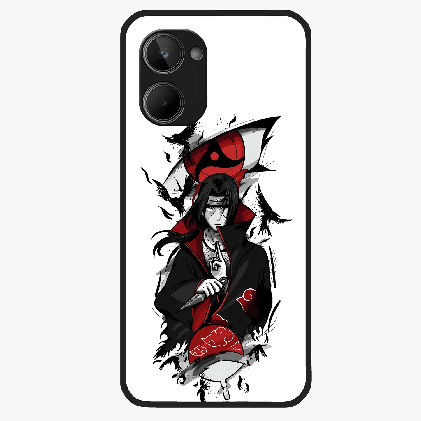 Itachi Sharingan Glass Case showing flat back view with powerful anime eye artwork and glossy glass finish.