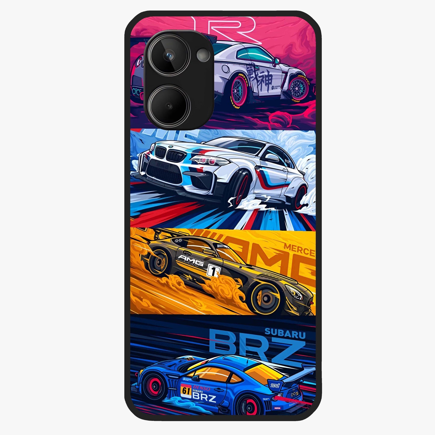 JDM Sports Car Glass Case showing flat back view with high performance sports car artwork and glossy glass finish.